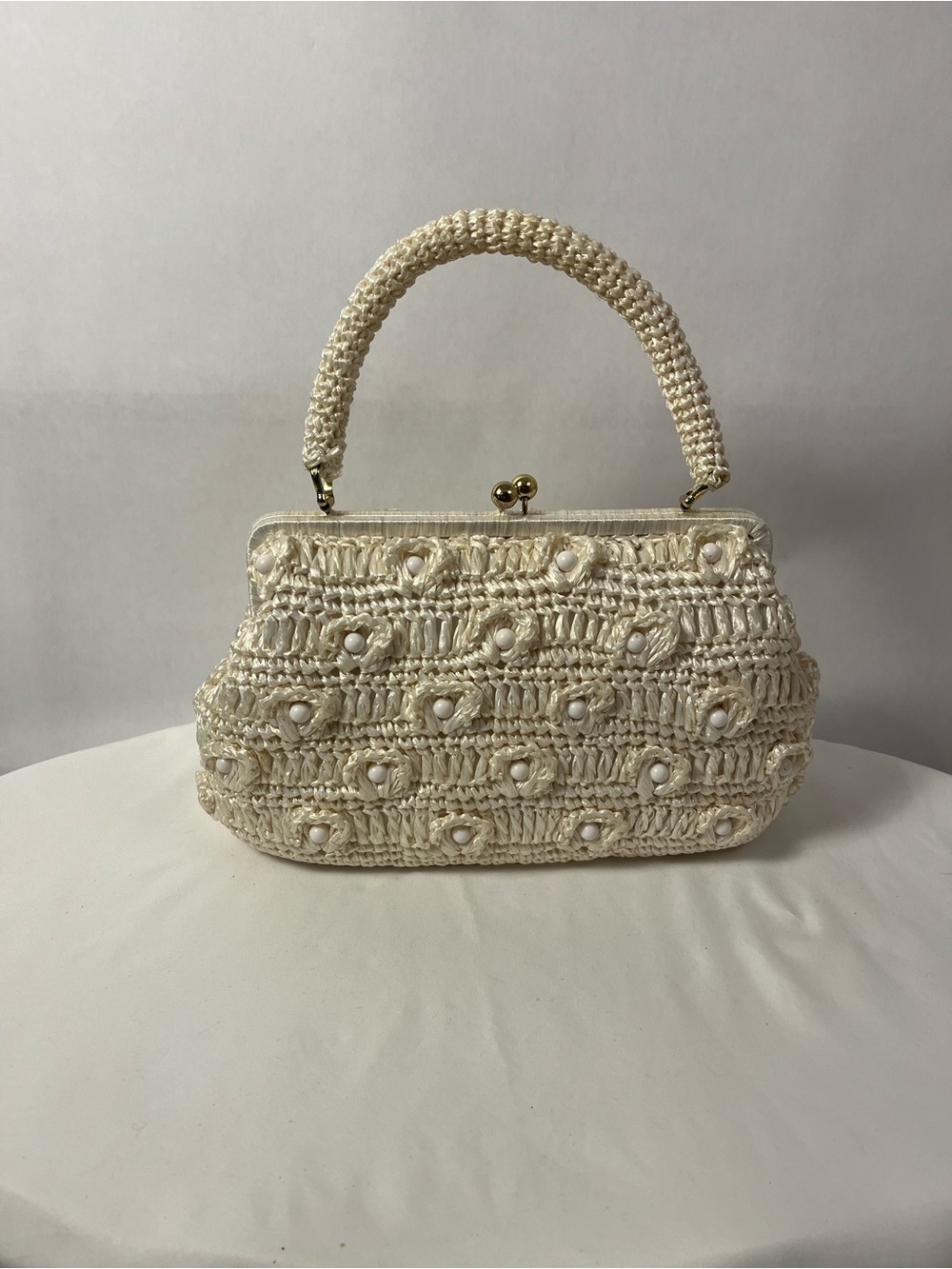 Vintage Gaymode Japan Floral Crocheted Cream Raffia Top-Handle Bag
